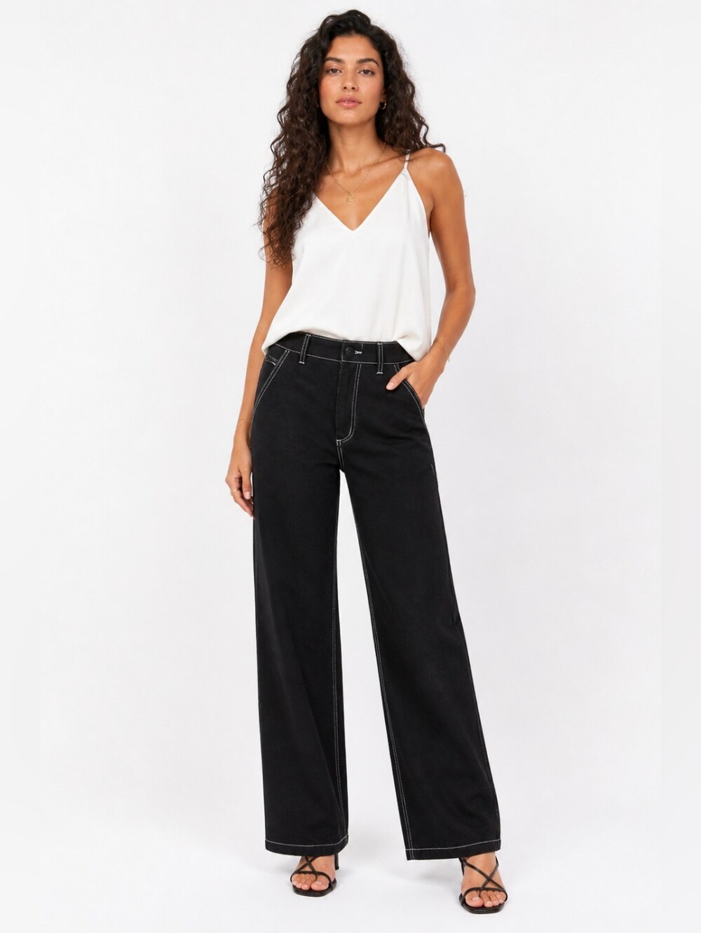 Cider Contrast Stitch Wide Leg Pants Black S